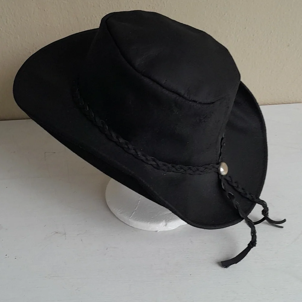 Vintage Black Suede Leather Western Cowboy Hat - Picture 8 of 9